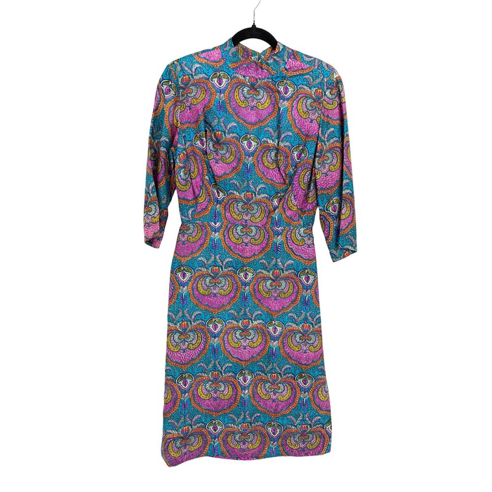 Vintage 70s High Neck Open Back Dress Womens Sz Small Multicolor Printed *READ